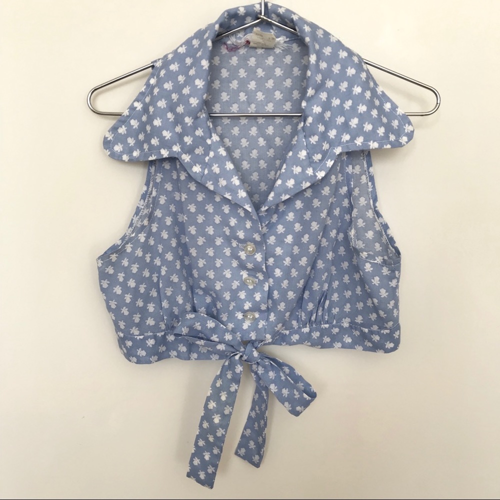 Vtg Crop Top Bra Top Blue + White Floral XS